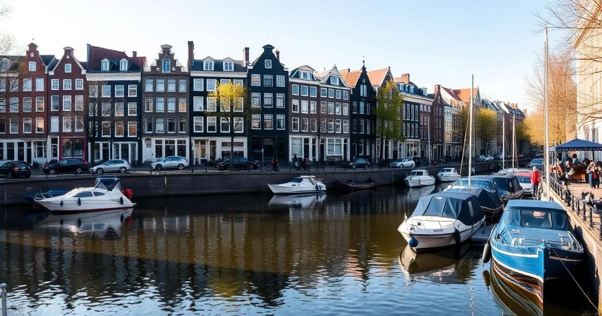 Canal lined with tall narrow townhouses and moored boats on a clear day