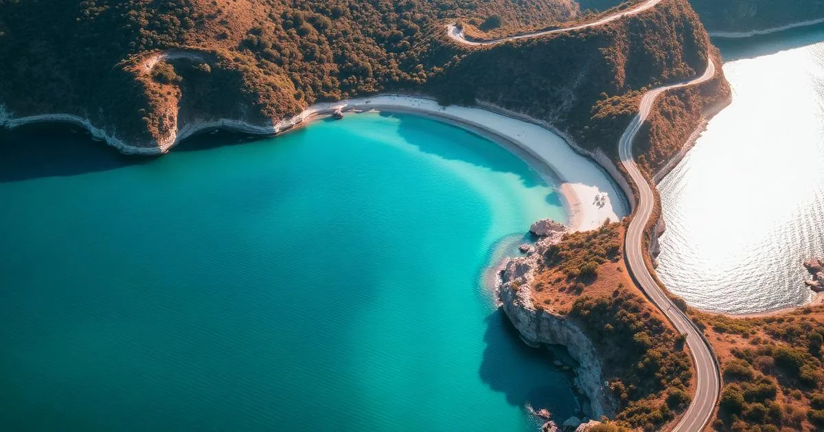 Sunlit bay with turquoise water and a coastal road curving along the shore