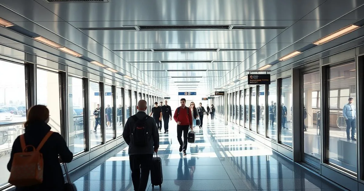 Passengers walking through a bright airport transfer corridor
