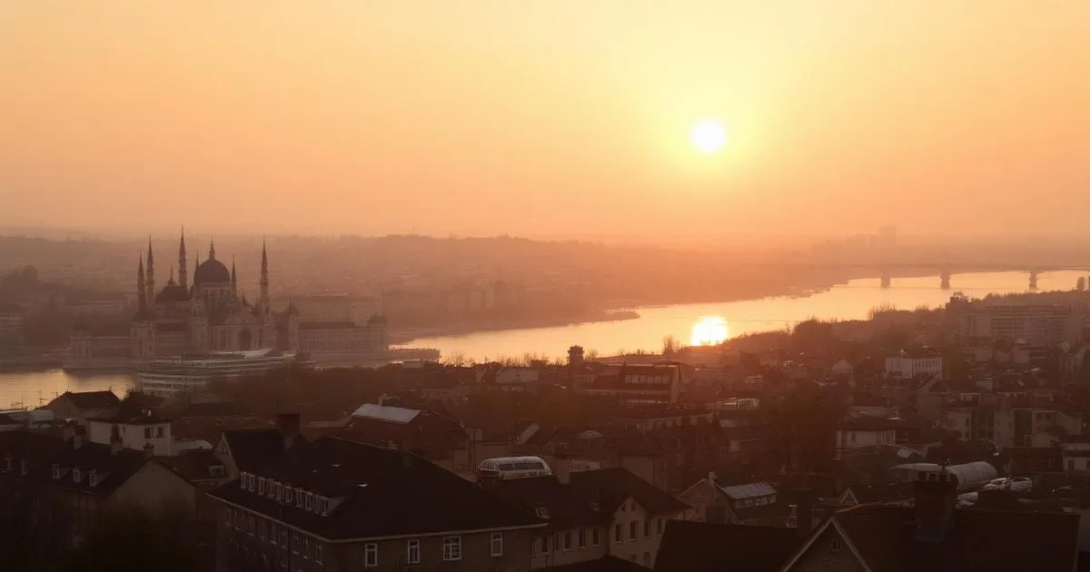 City rooftops beside a wide river at sunset seen from a hillside viewpoint