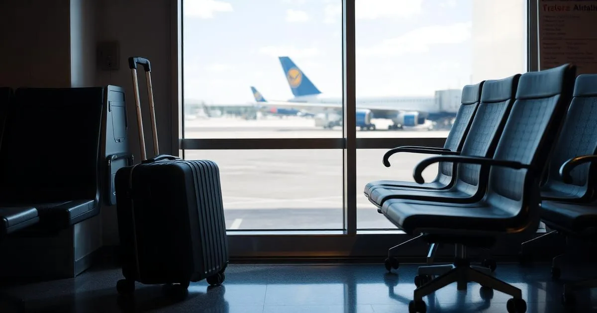 Suitcase beside an airport departure gate with an aircraft outside the window