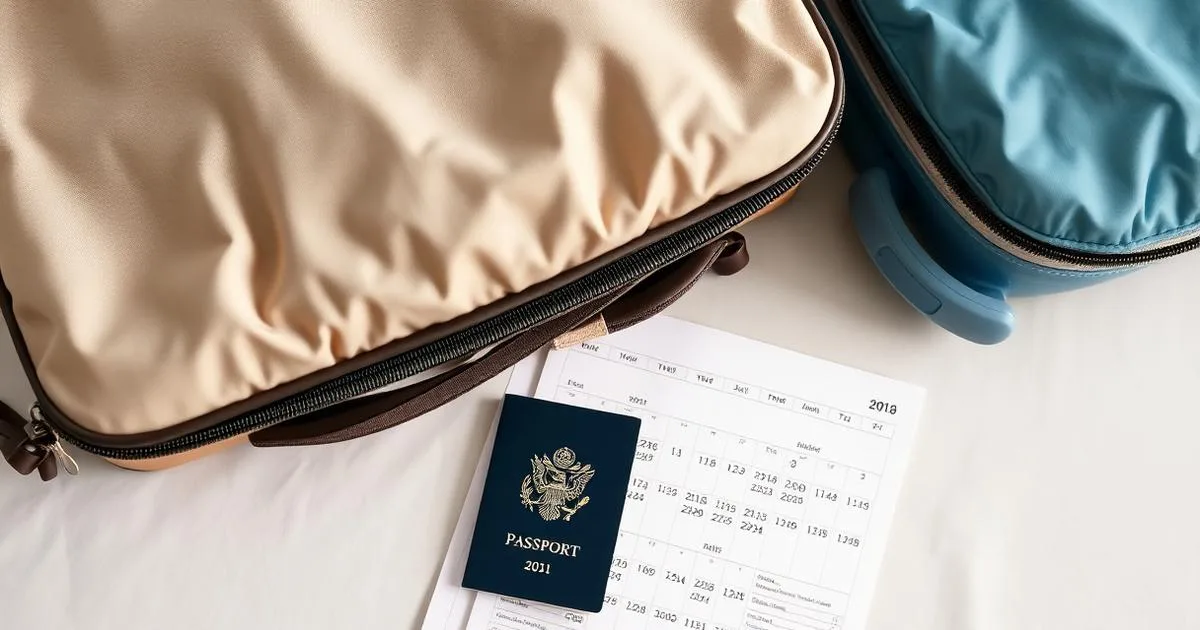 Calendar page and passport lying on a table beside a packed carry-on bag