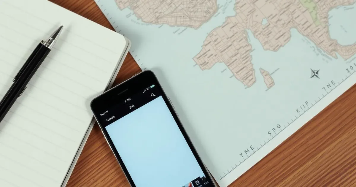Phone screen showing a travel app beside a notebook and a map