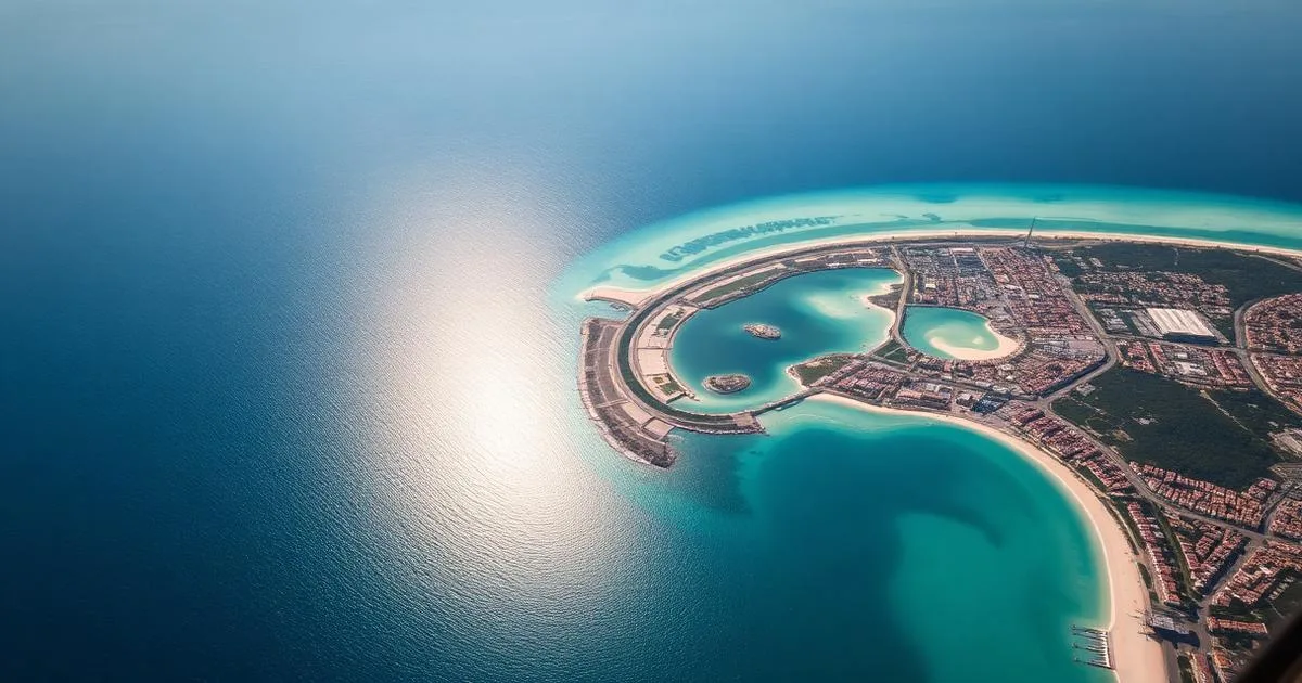 Aerial view of a coastline with turquoise water near a European airport city