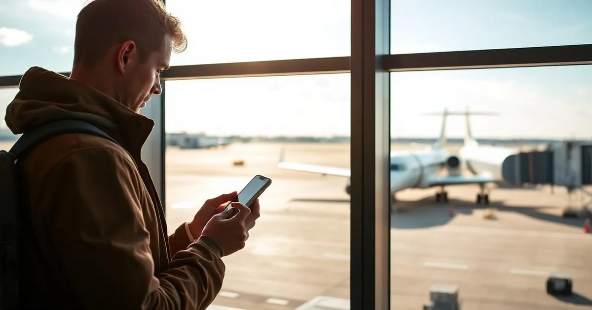 Traveller checking a phone screen beside a window overlooking the apron