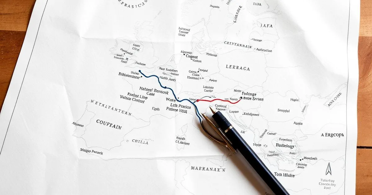 Map spread on a table with a route marked between several European cities